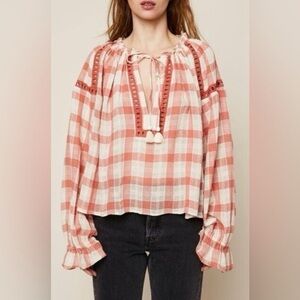 Free People Honey Grove Gingham Checkered Balloon Sleeve Blouse Size Small